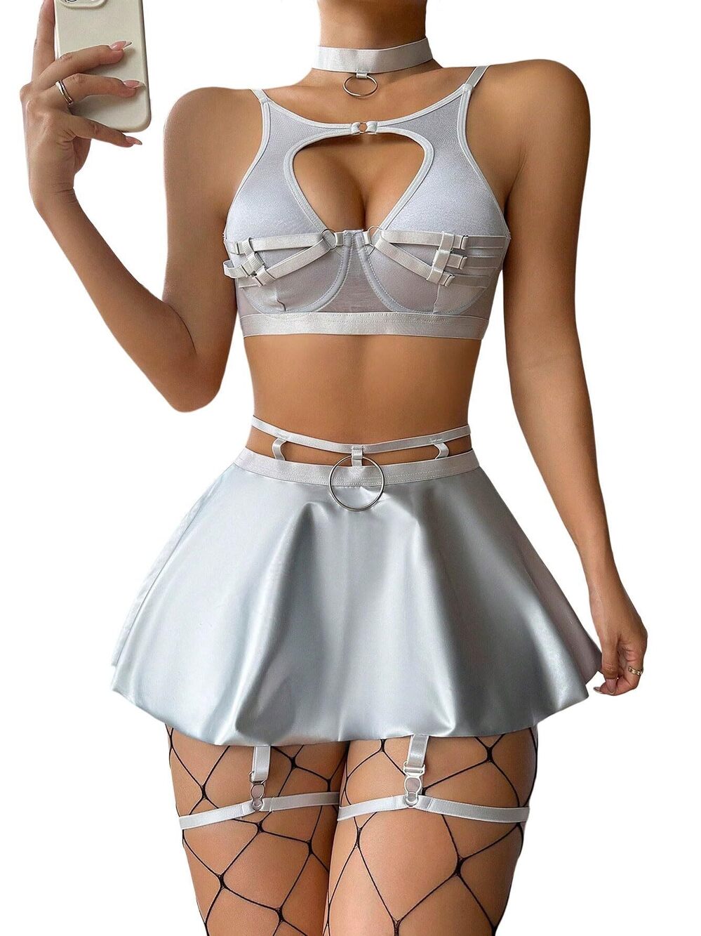7121 Rave Outfit Set Underwire Bra and Mini Skirt with Stockings Costume